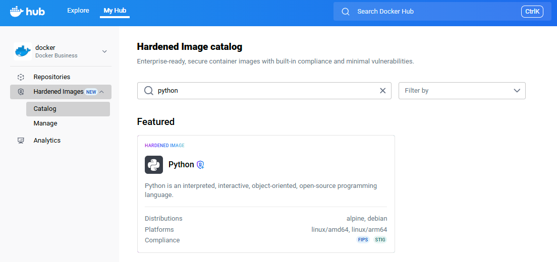 DHI catalog with Python repository shown