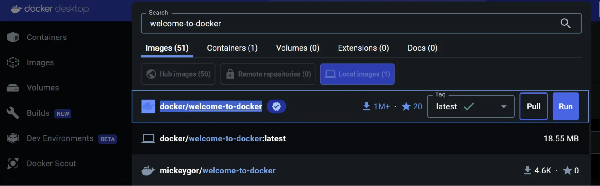 A screenshot of the Docker Dashboard showing the search result for welcome-to-docker Docker image