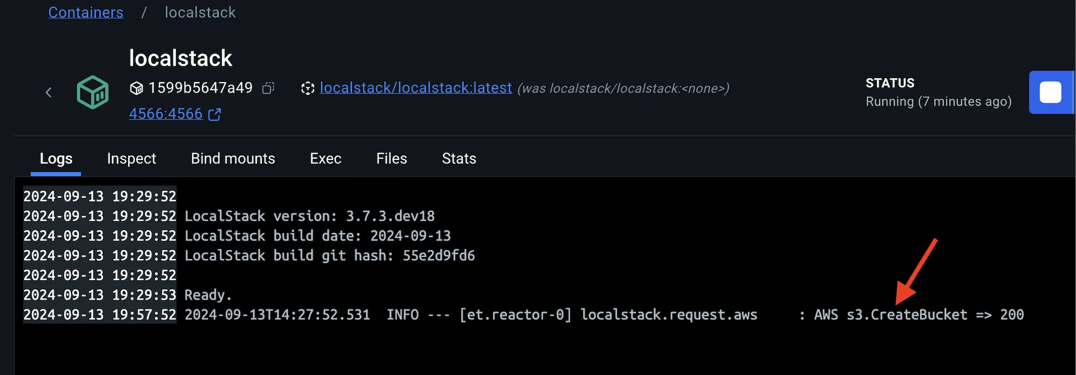 Diagram showing the logs of LocalStack that highlights the S3 bucket being created successfully